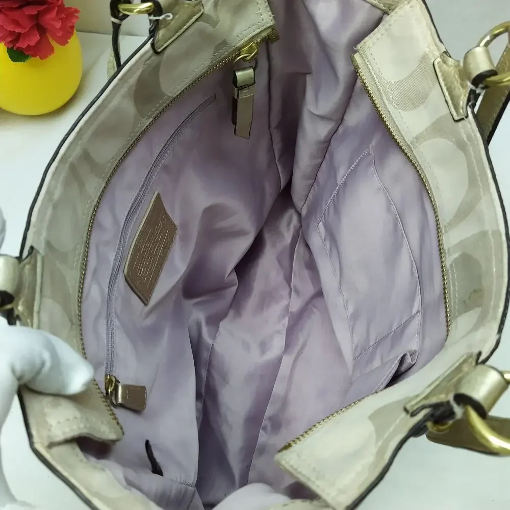 Coach Signature Cream Beige Canvas Leather Trim Double Handles Tote Shoulder Bag